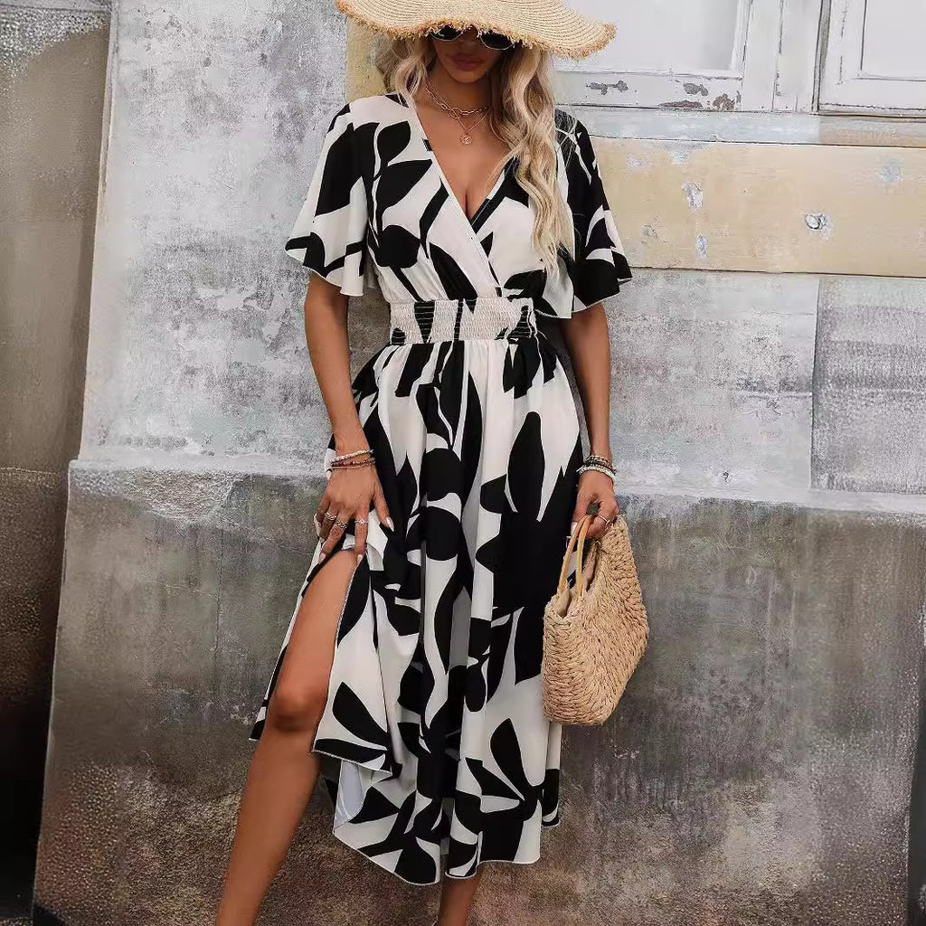 Floral Print Cross-Collar Slit Dress