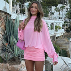 Women's Stand-Collar Lace Cutout Ruched Long-Sleeve Dress