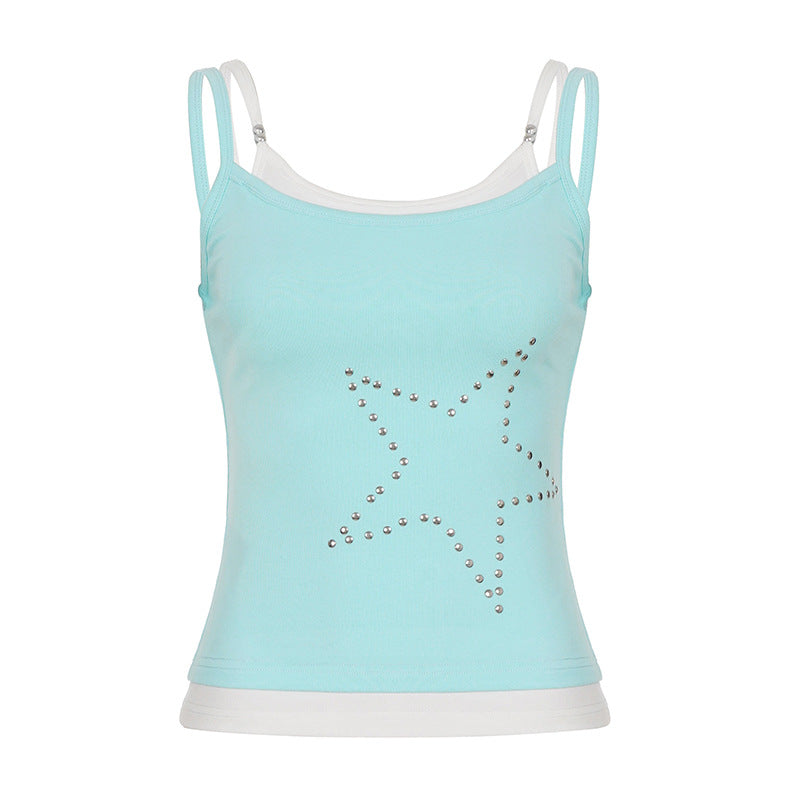 Light blue camisole tank with rhinestone five-point star pattern and thin spaghetti straps