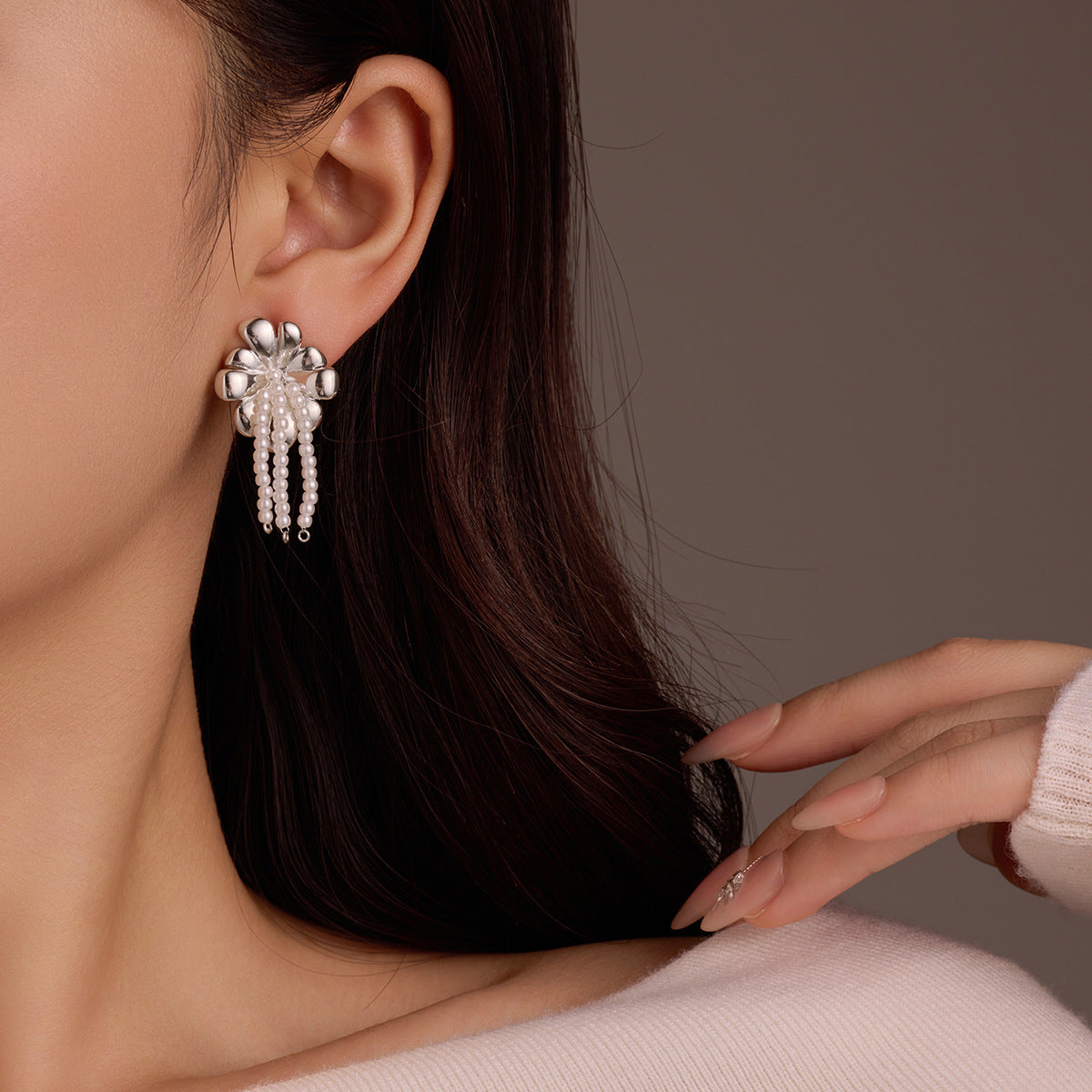 Floral Pearl Tassel Earrings