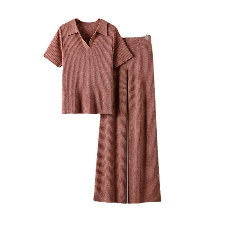 Polo Collar Pullover Short-Sleeve Top Slimming Solid Color Wide Leg Trousers Knitted Suit Set