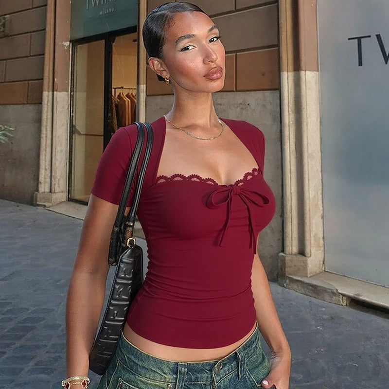 Women's Lace Trim Lace-Up Short Sleeve Top