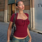 Women's Lace Trim Lace-Up Short Sleeve Top