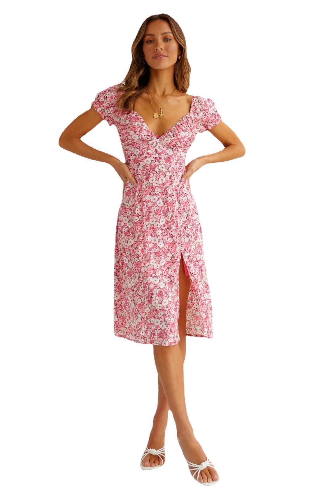Summer Sexy Deep V neck Backless Short Sleeve Side Slit Printed Dress Women