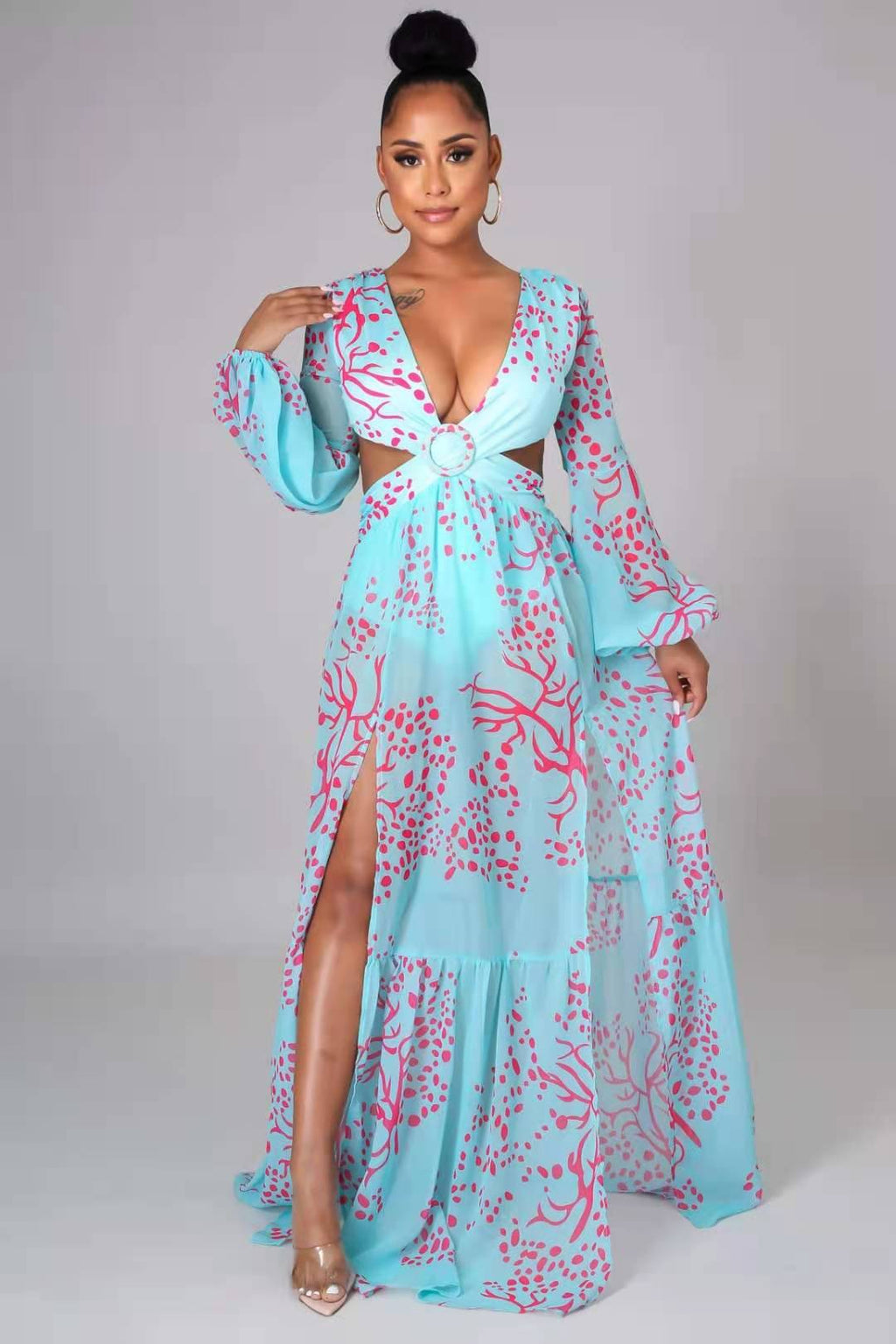 Women's Fashion Sexy Tropical Floral Print Lantern Maxi Long Sleeve V Neck Slit Dress