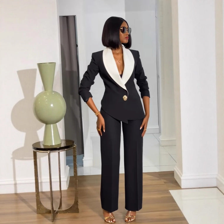 Women's Elegant Office Contrast Color Large Collared Casual Two Piece