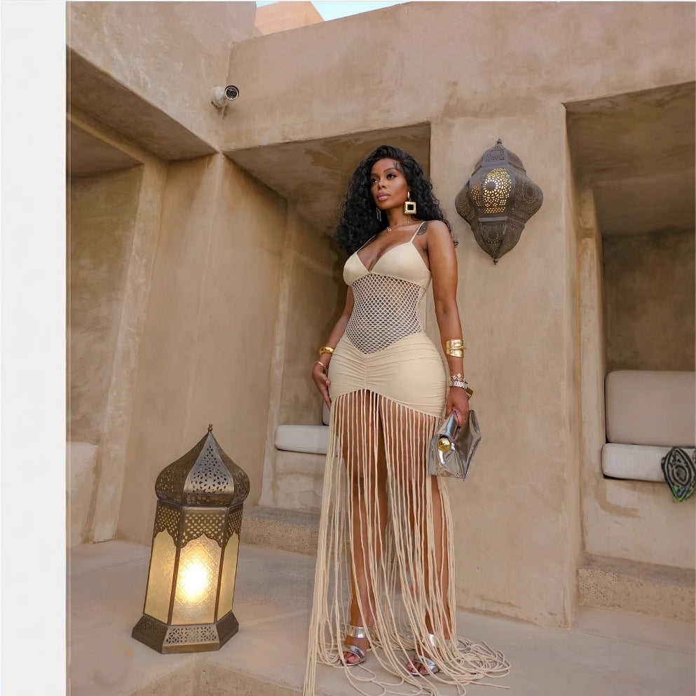 Fringe V-Neck Spaghetti-Strap Bodycon Maxi Dress