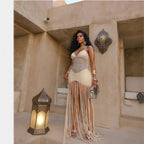 Fringe V-Neck Spaghetti-Strap Bodycon Maxi Dress