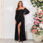 Women's Black Off Shoulder Long Sleeve Chiffon Embroidered Evening Dress High Slit Fully Lined Party Dress