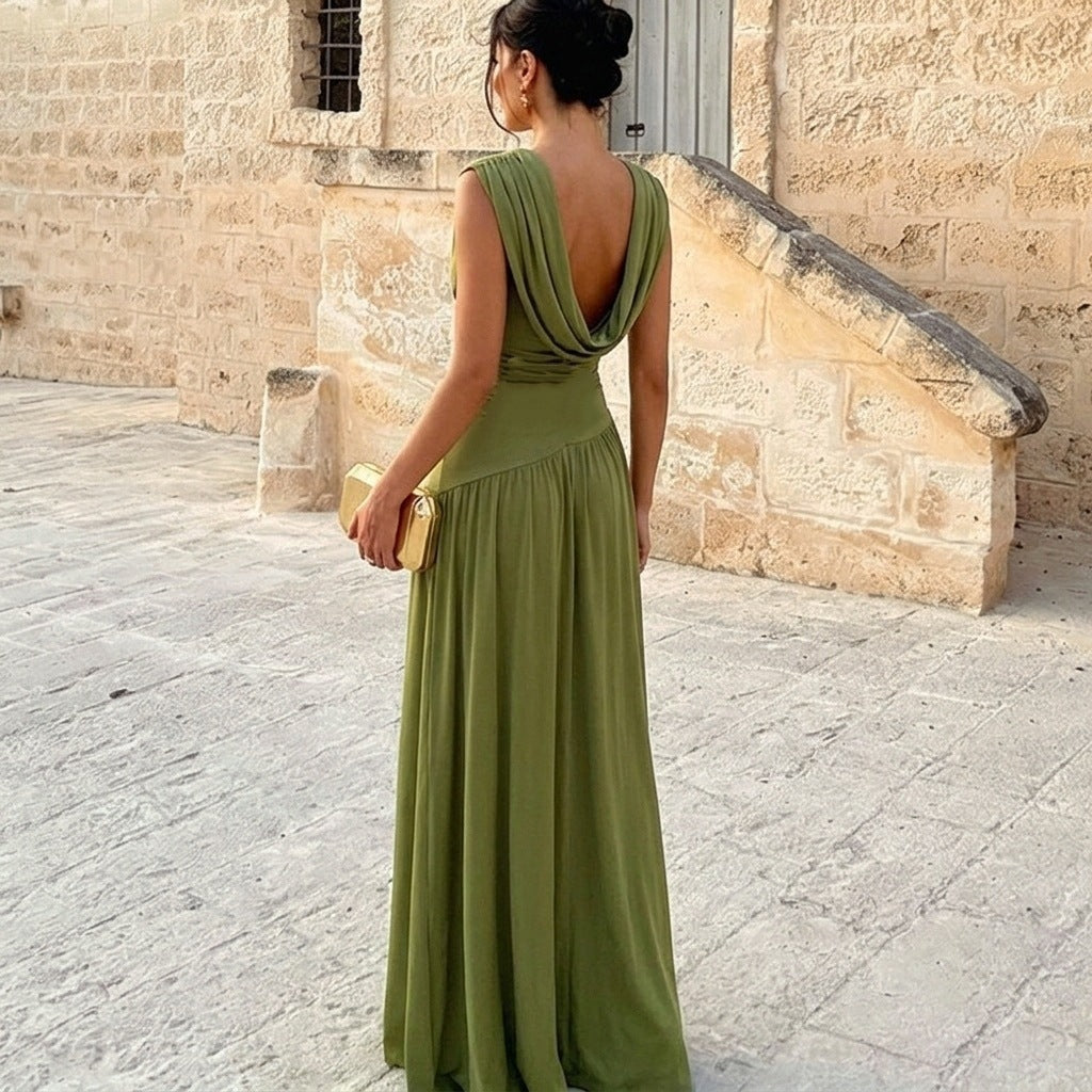 Women's Olive Green Pleated-Waist Maxi Evening Dress
