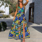 Women's Summer Women Sexy Deep V Plunge Sling Dress Printed Sleeveless Split Maxi Dress