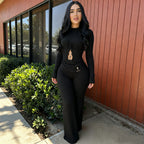 Women's Striped Long-Sleeve Wide-Leg Jumpsuit