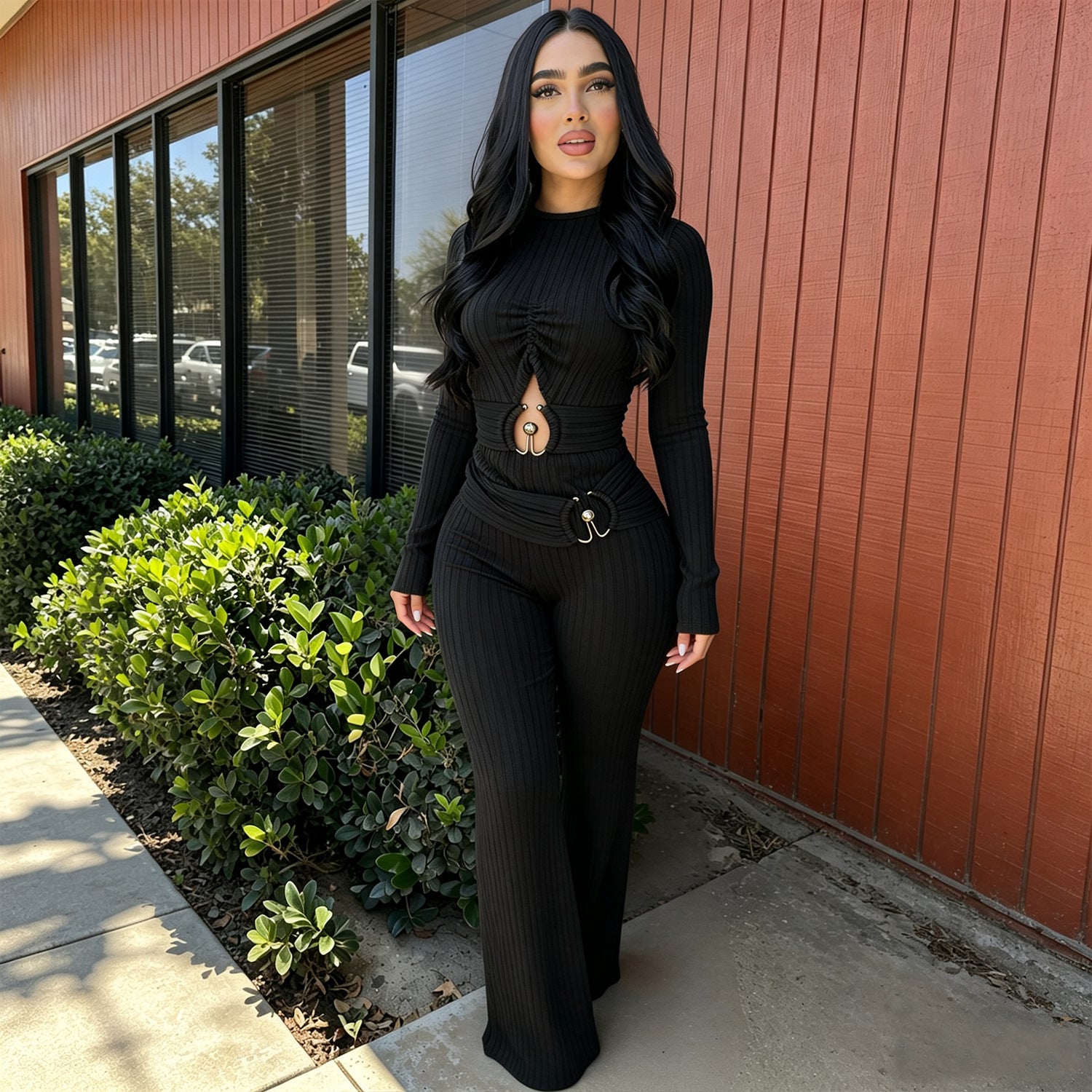 Women's Striped Long-Sleeve Wide-Leg Jumpsuit