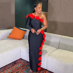 Sexy One Shoulder Beaded Red Floral Bandage Dress Ladies Party Cocktail Evening Dress