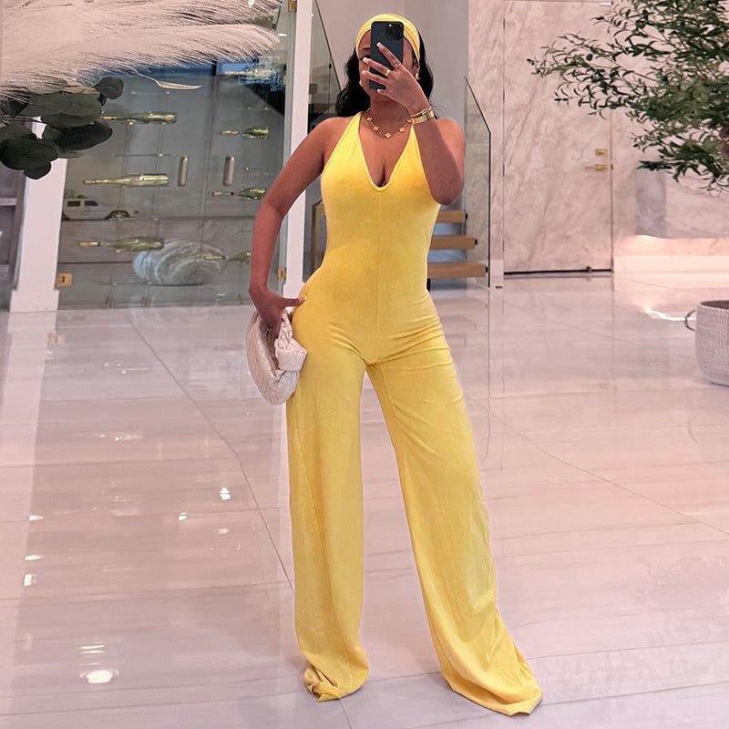 Women Clothing Autumn Solid Color Faux Washed Printed Hairband Backless Underwaist Flared Jumpsuit