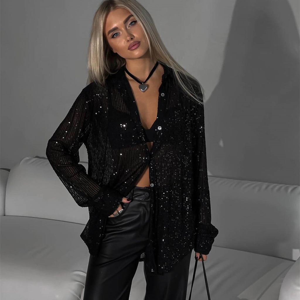 Women's Spring Summer Sequin Top Collared Long Sleeve Cardigan Basic Women Clothing Shirt