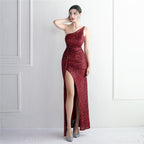 Women's Sequin One-Shoulder Cold Cocktail Split Long Sequin Atmosphere Queen Dress