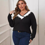 Plus Size Imitation Pearl Beaded Top Women Clothes Color Contrast Patchwork Large V neck Loose Woven Sweater Sweater