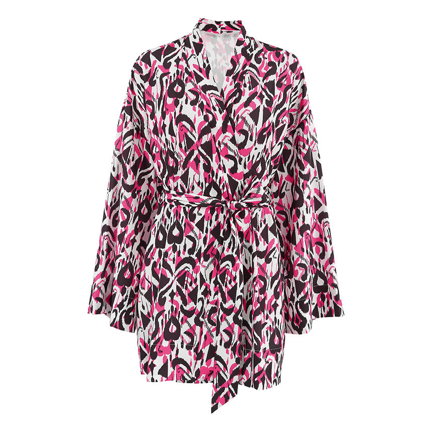 Printing Loose Lace up Long Sleeve Nightgown Bathrobe Casual Comfortable Ice Silk Home Wear
