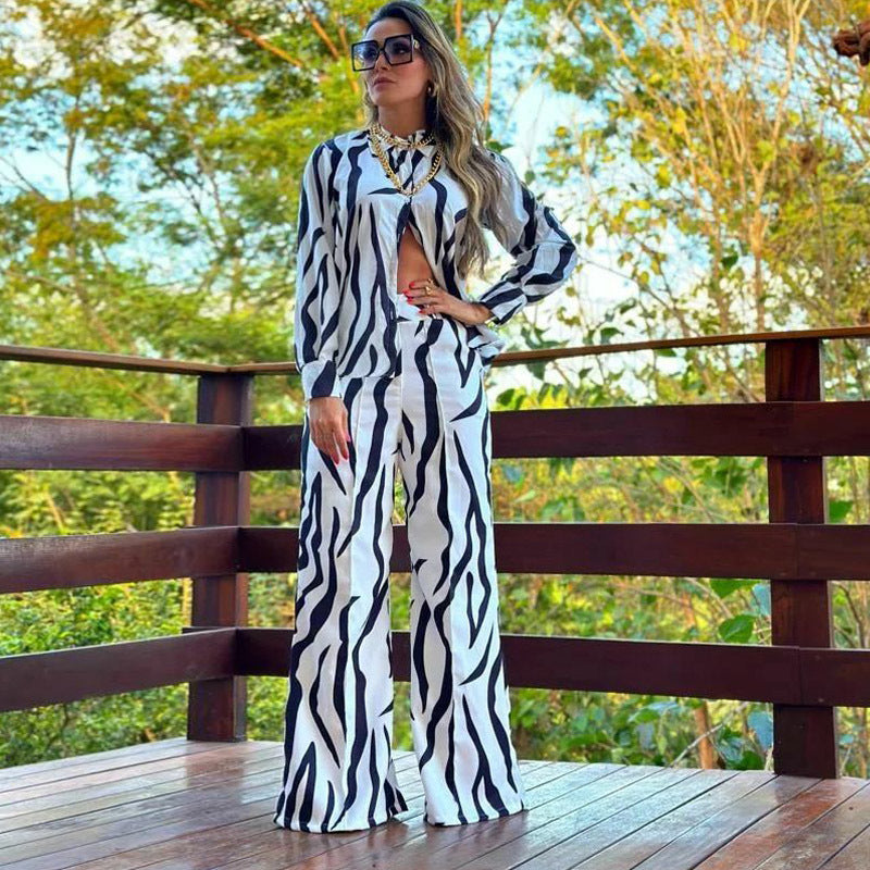 Women's Suit Women's Printed Shirt Spring Autumn Wide Leg Pants
