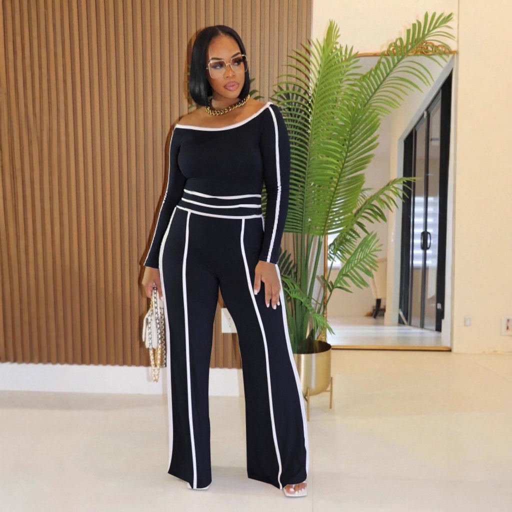 Women's Office Casual Off Shoulder Diagonal Collar Elastic Stitching