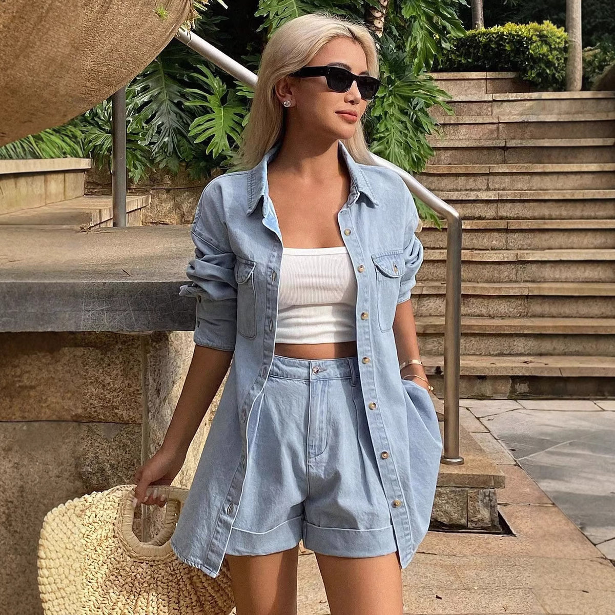 Women's Spring Summer Loose Lapels Top and Shorts Two-Piece Set
