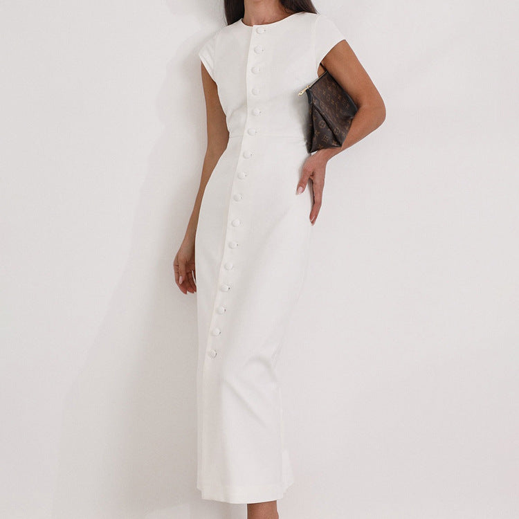 Women's Round Neck Flying Sleeves Dress Women Elegant Waist Single Breasted White Sheath Dress