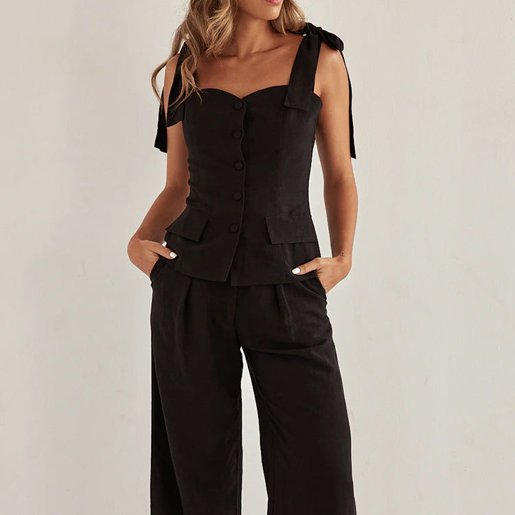 Black Bandeau Top & Wide-Leg Pants Set