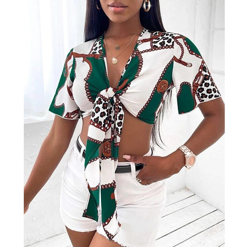Women's Clothing Shirt Bow Lace-Up Sexy Shirt Summer Short Sleeve Printed Top
