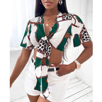 Women's Clothing Shirt Bow Lace-Up Sexy Shirt Summer Short Sleeve Printed Top