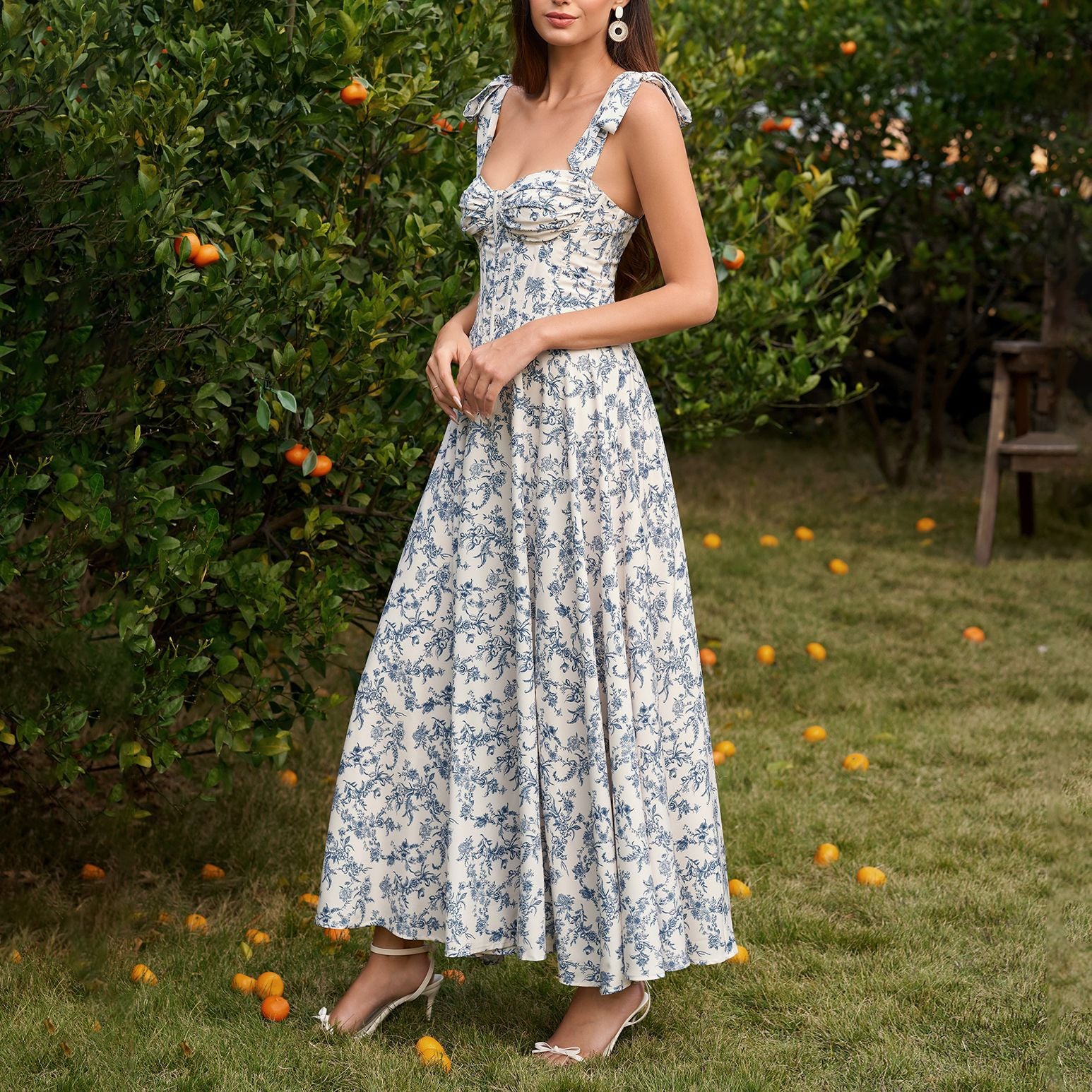 Women's Printed Sweetheart Lace-Up Boned Maxi Dress