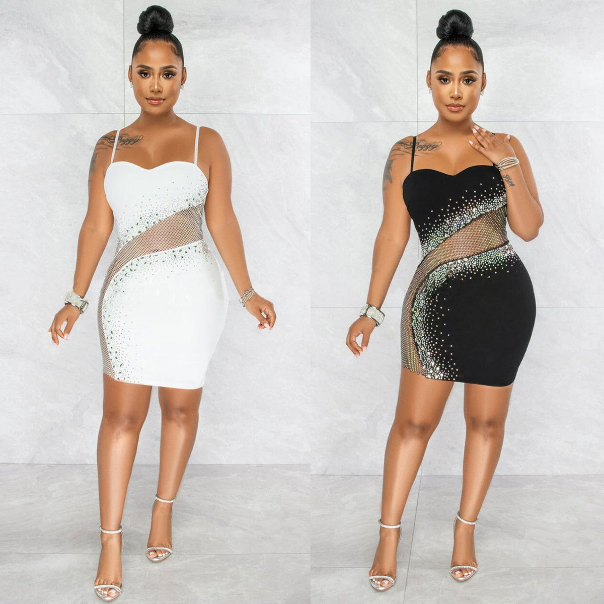 Women's Mesh Rhinestone Cami Bodycon Dress