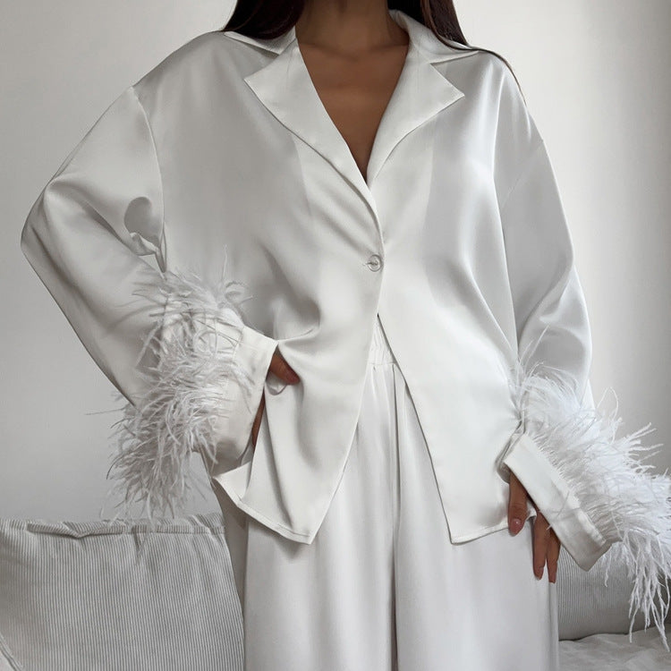 Patchwork Feather Long Sleeve Collared Top Trousers