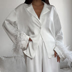 Patchwork Feather Long Sleeve Collared Top Trousers