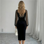 Women's Square Collar Velvet Long Sleeves Women Lantern Sleeve Waist Slimming Mid Length Hip Dress