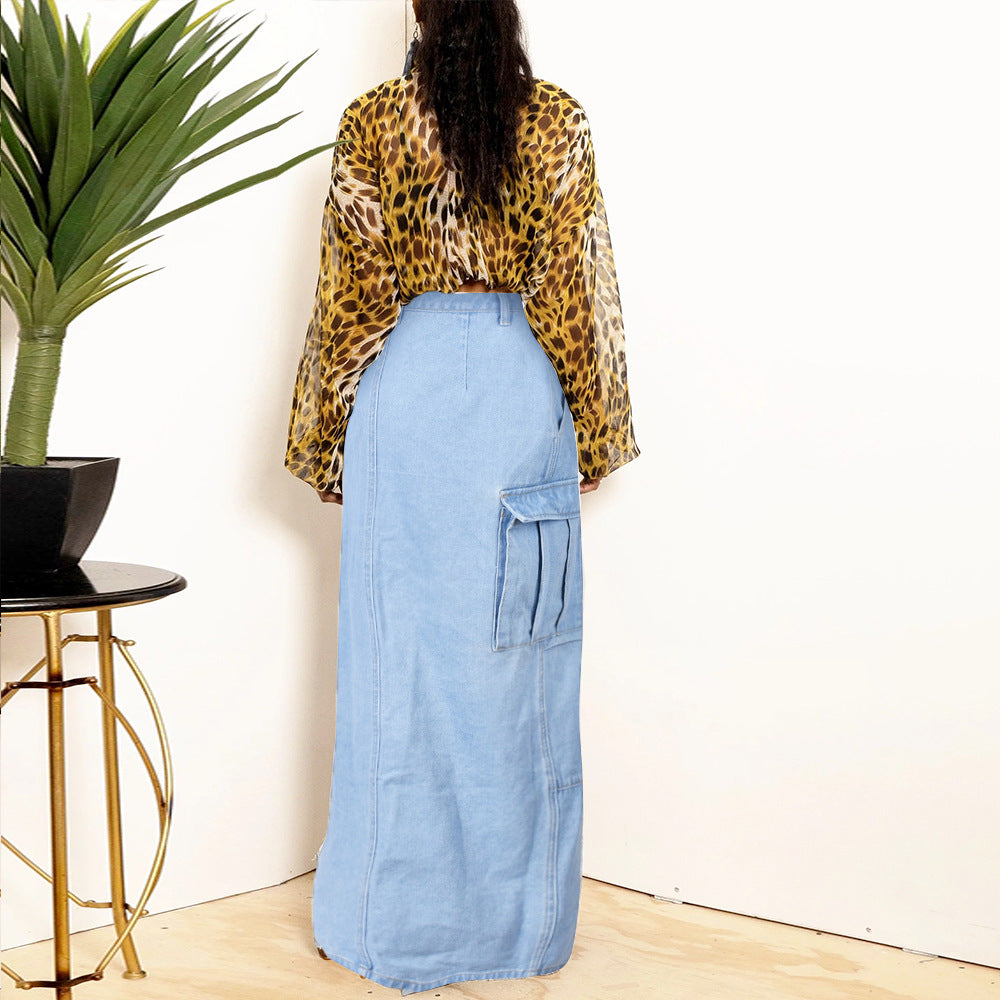 Spring Denim Patchwork Slit Washed Street Hipster Skirt
