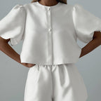 Women Design round Neck Puff Sleeve Top Shorts Two Piece Set
