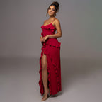 Spaghetti-Strap Asymmetric Ruffle Split Bodycon Maxi Dress