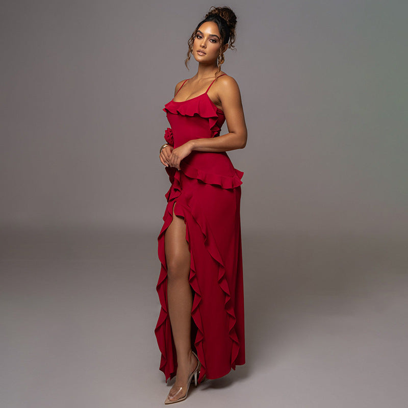 Spaghetti-Strap Asymmetric Ruffle Split Bodycon Maxi Dress