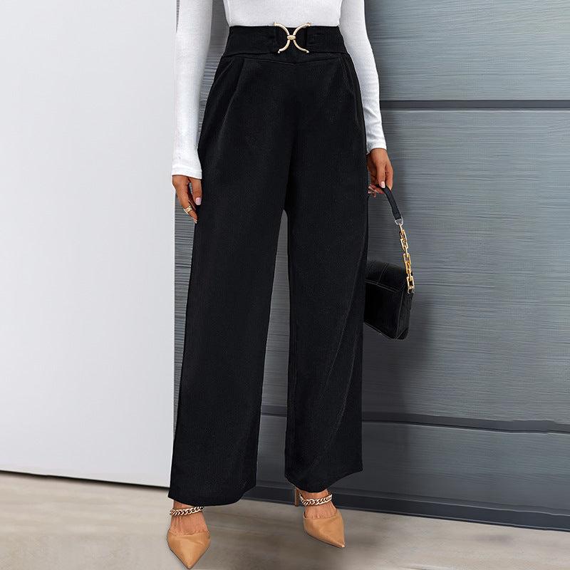Solid Color With Buckle High Waist Straight Pants