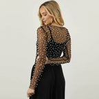 Women's Sheer Mesh Beaded Long Sleeve Top