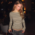 Women's Women Spring Personality Round Neck Long Sleeve Striped Slim Top T Shirt