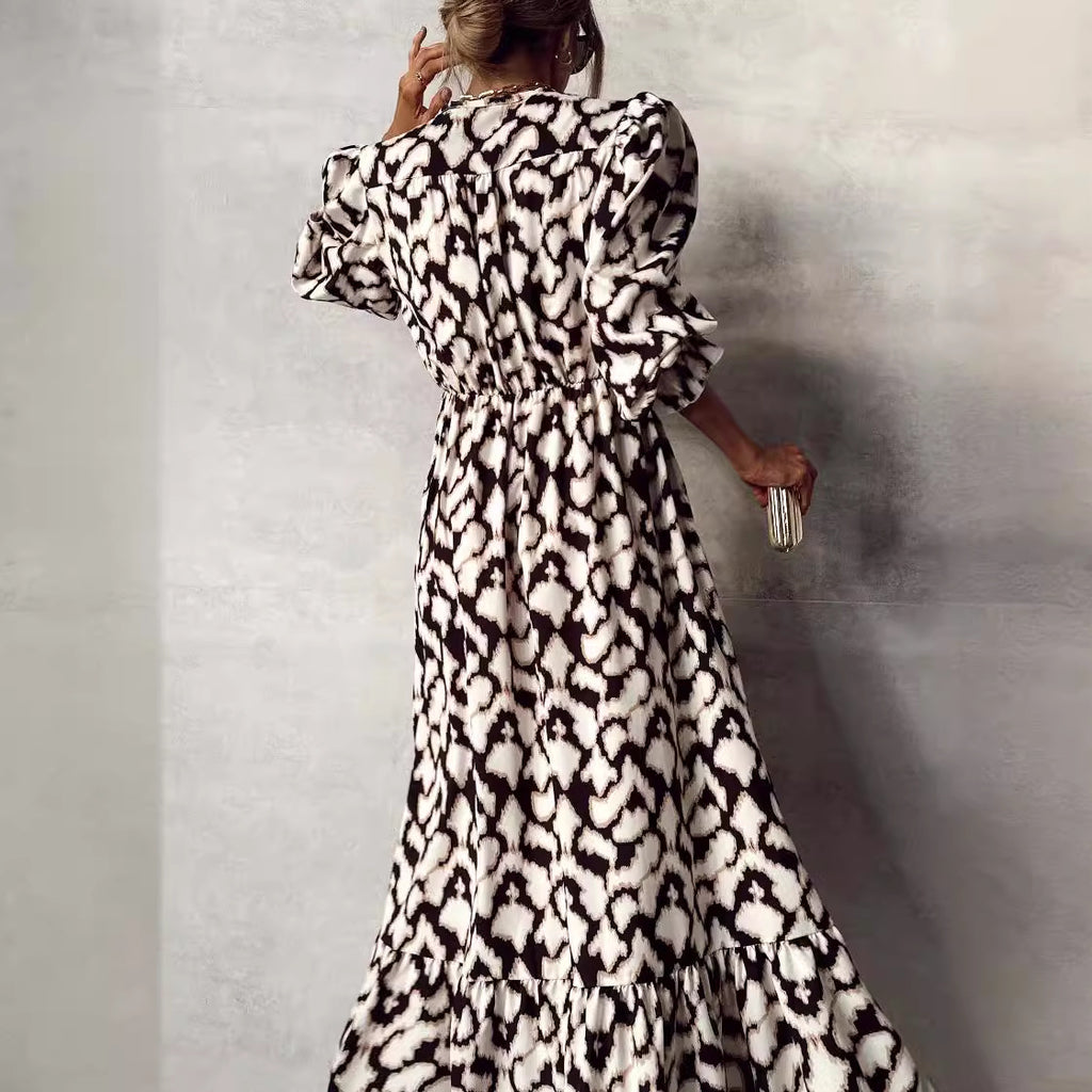 Women's Ruffle-Trim Animal-Print V-Neck Lantern-Sleeve Dress
