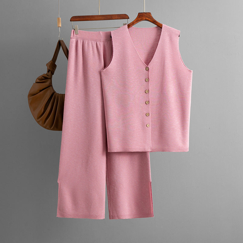 Solid Color Loose Casual Wide Leg Pants Two-Piece Set