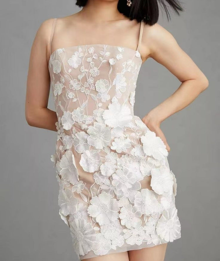 Women's 3D Floral Embroidered Spaghetti Strap Mini Dress
