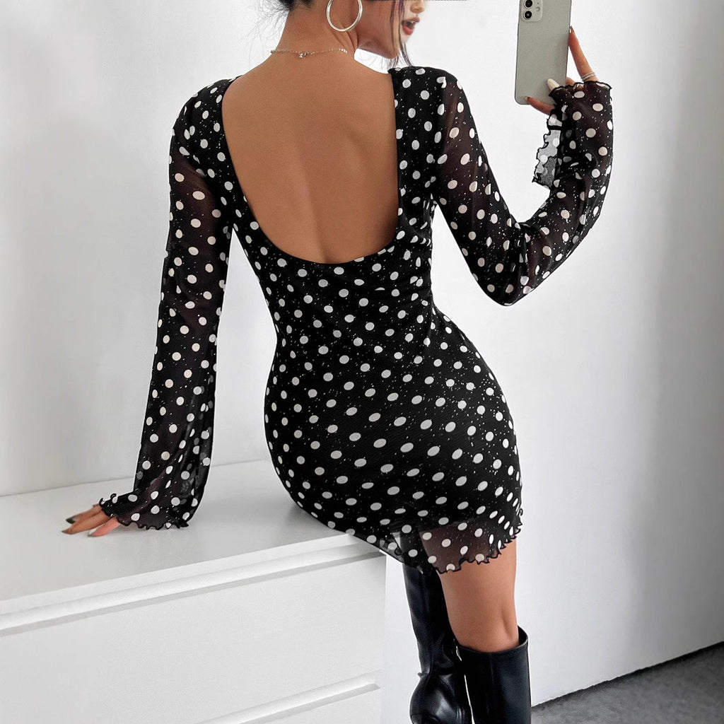 Polka Dot Backless Long-Sleeve Dress