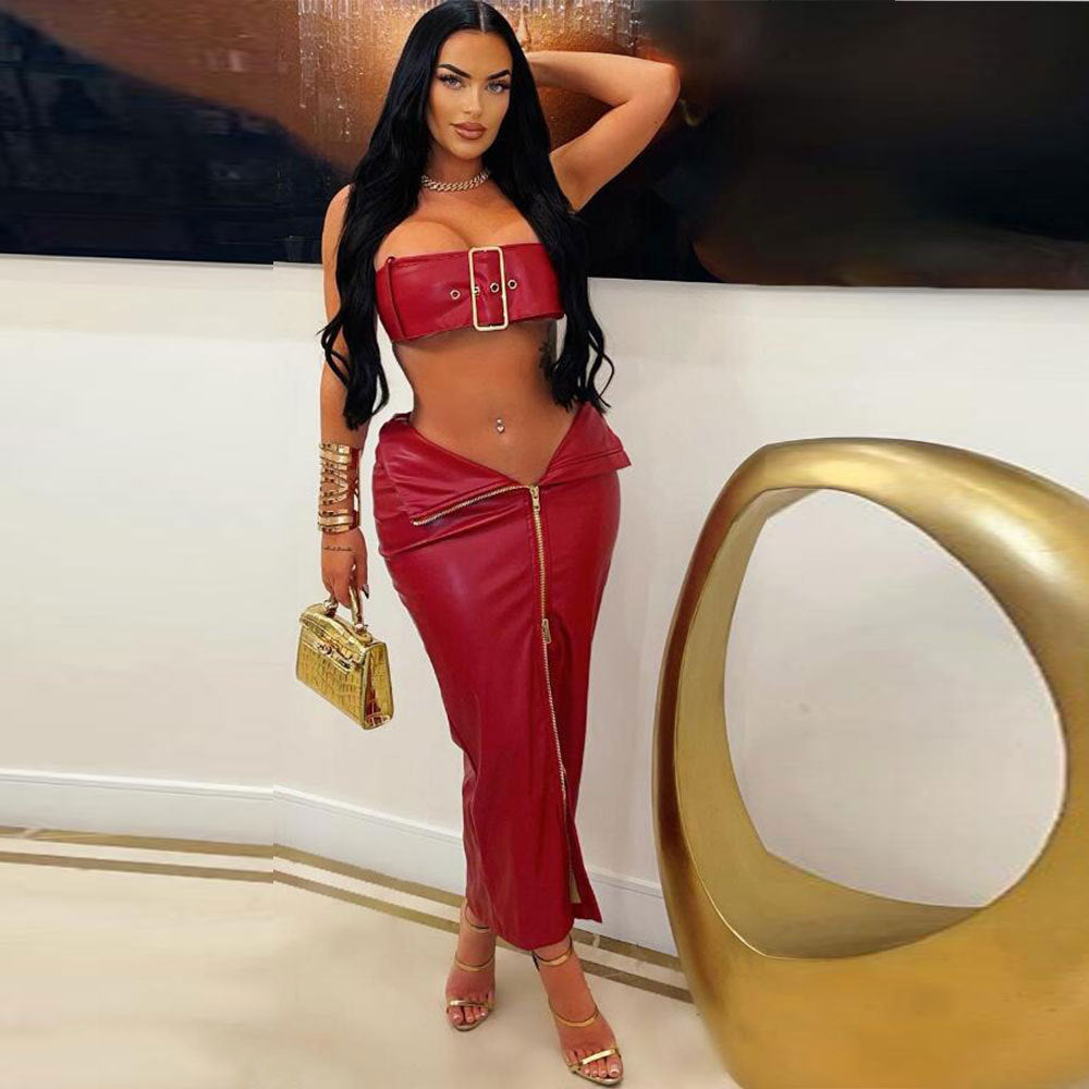 Women's Leather Metal-Buckle Two-Piece Skirt Set
