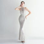 Women's Sequin Beading Cocktail Evening Dress Elegant Long Halter Slim Fit