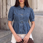 Women Dark Blue Denim Baby Shirt Top With Collared Single