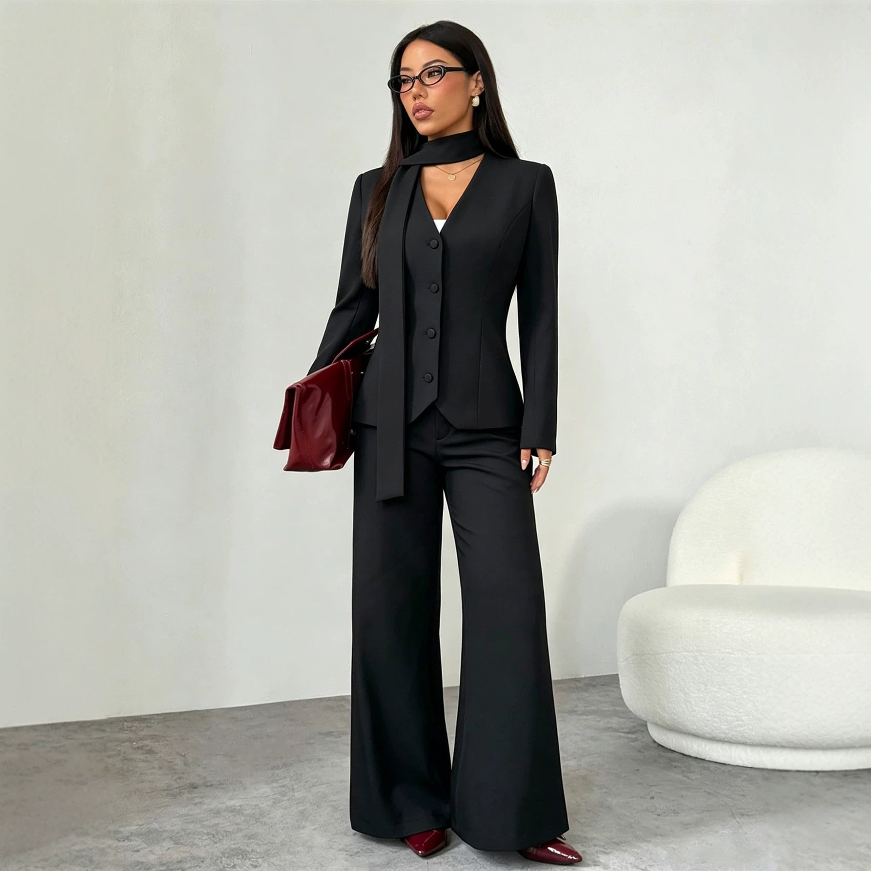 Women Clothing Black Ribbon Waist Tight Blazer Women V neck Single Breasted Office Slimming